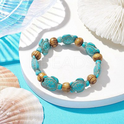Beach Turtle Dyed Synthetic Turquoise Stretch Bracelets BJEW-JB10291-02-1
