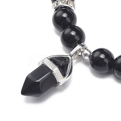 Natural Obsidian Round Beaded Stretch Bracelet with Bullet Charms BJEW-JB09018-05-1