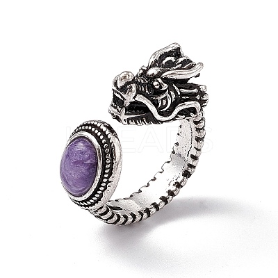 Dragon Head Natural Charoite Cuff Rings RJEW-G273-03AS-03-1