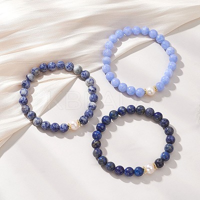 3Pcs Round Natural Blue Spot Jasper & Dyed Blue Lace Agate & Lapis Lazuli & Pearl Beaded Stackable Stretch Bracelets Sets BJEW-JB12992-1