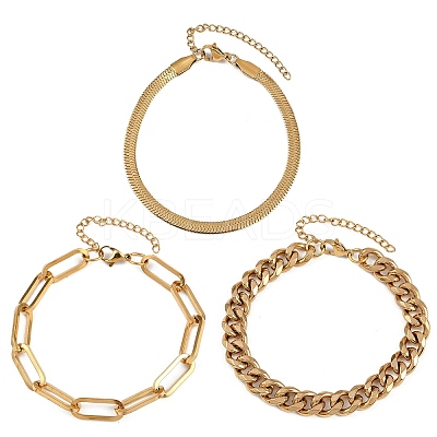 3Pcs 3 Styles 304 Stainless Steel Chain Bracelet Set BJEW-F505-01G-1