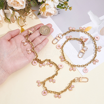 2Pcs Alloy Enamel Pink Bowknot Tassel 304 Stainless Steel Cable Chain Bag Decorative Chains AJEW-BBC0001-03-1