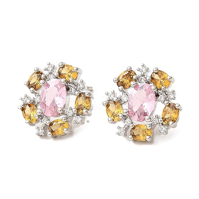 Flower Brass Micro Pave Cubic Zirconia Stud Earrings EJEW-L270-13P-1