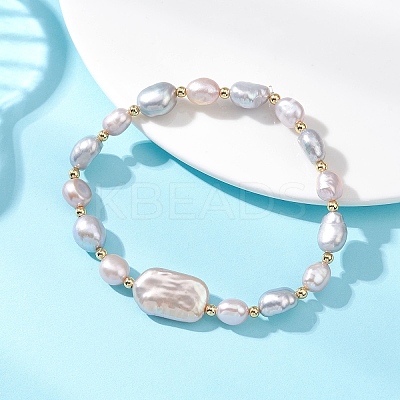 Natural Cultured Freshwater  Pearl & Brass Beads Stretch Bracelet for Women BJEW-JB13209-1