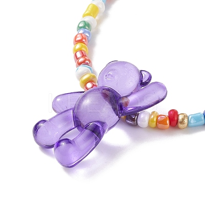 Acrylic Bear & Glass Seed Beaded Necklace for Women NJEW-JN03930-1