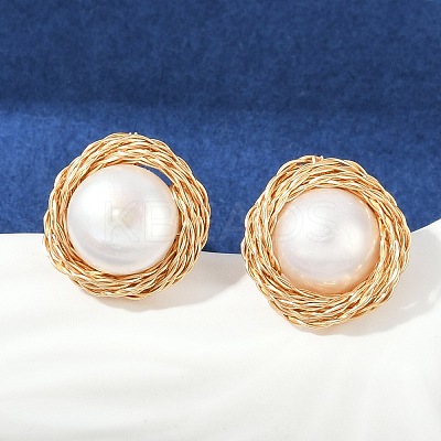 Flat Round Brass Imitation Pearl Stud Earrings KK-D301-10G-1