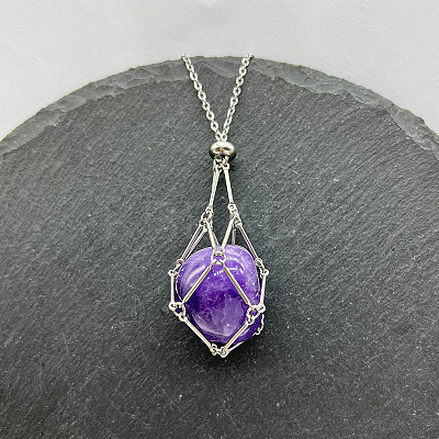 Natural Amethyst Nuggets Macrame Pouch Pendant 201 Stainless Steel Chain Necklaces FS-WG7A779-04-1