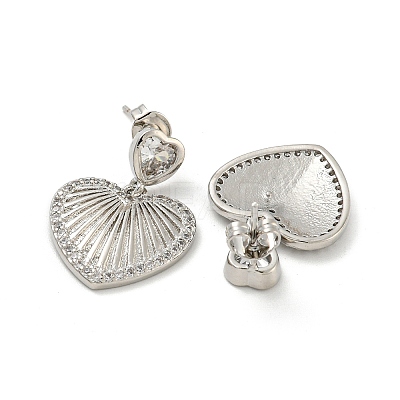 Heart Brass Pave Clear Cubic Zirconia Stud Earrings EJEW-N054-41P-1