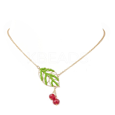 Handmade Glass Seed Beaded Leaf Shape Pendant Brass Cable Chain Necklaces for Women NJEW-MZ00127-01-1