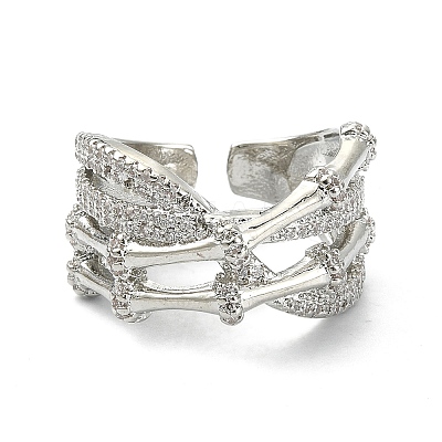 Clear Cubic Zirconia Bamboo Joint Open Cuff Ring RJEW-F144-02P-1
