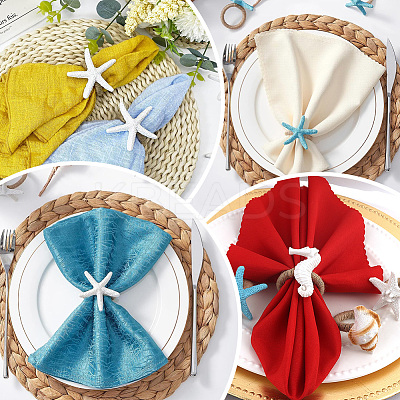 4Pcs 4 Styles Resin Conch Shell Starfish Sea Horse & Jute Rope Napkin Rings AJEW-GF0011-12-1