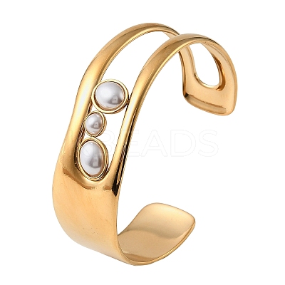 304 Stainless Steel Pave Plastic Pearl Cuff Bangles for Women BJEW-D465-01G-1