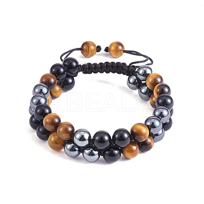 Natural Obsidian & Tiger Eye & Synthetic Hematite Braided Bead Bracelet BJEW-SW00001-22-1