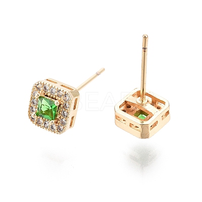 Green Glass Square Stud Earrings with Cubic Zirconia EJEW-G321-08G-1