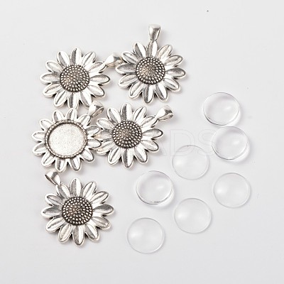 Sun Flower Alloy Pendant Cabochon Settings and Half Round/Dome Clear Glass Cabochons DIY-X0222-AS-1