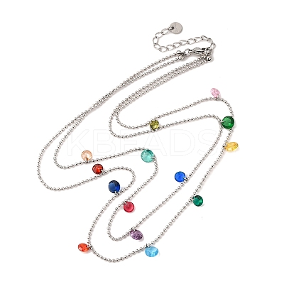304 Stainless Steel Ball Chain Colorful Cubic Zirconia Flat Round Tassel Double Layer Necklaces for Women NJEW-A051-05P-1