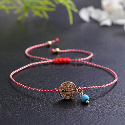 Summer Brass Cross Coin & Synthetic Turquoise Link Braided Bracelets for Women Men NW9069-2-1