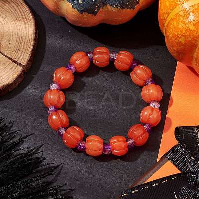 Halloween Pumpkin Resin & Glass Beaded Stretch Bracelets for Women Men BJEW-JB10850-1