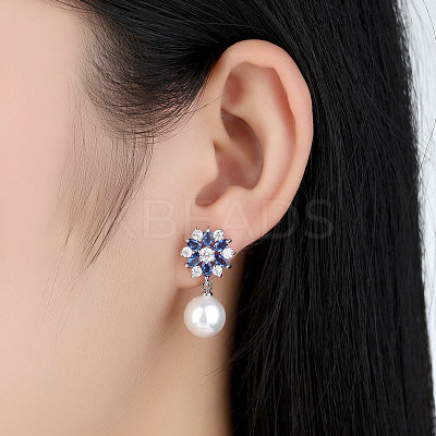 Platinum Plated Brass Flower Cubic Zirconia Stud Earrings EJEW-FF0002-08A-1