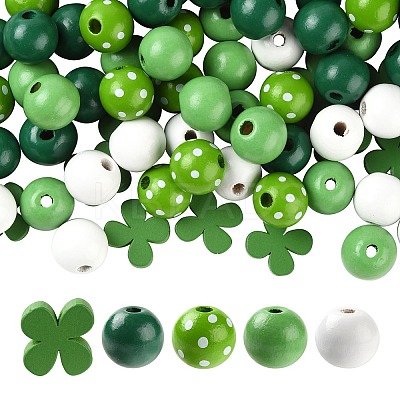 160Pcs 5 Style Irish Theme Painted Natural Wood Beads X1-WOOD-LS0001-48-1