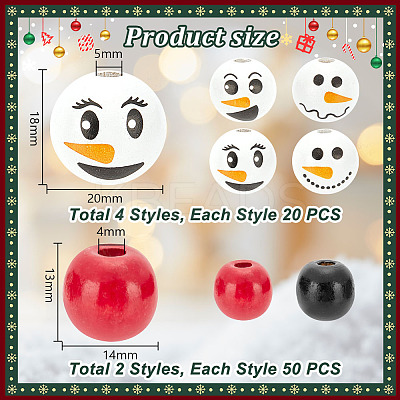 180Pcs 6 Styles Christmas Snowman Print Wood European Beads WOOD-PH0003-03B-1