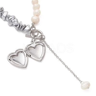 Synthetic Non-magnetic Hematite Chip with Potato Natural Pearl Beaded Necklaces NJEW-JN05894-01-1