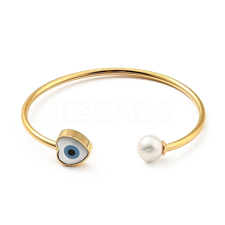 Shell Pearl & Heart with Evil Eye Open Cuff Bangle LS-BJEW-G647-03G-1