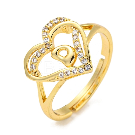 Heart with Letter Rack Plating Brass Micro Pave Clear Cubic Zirconia Adjustable Rings for Women RJEW-I105-01G-D-1