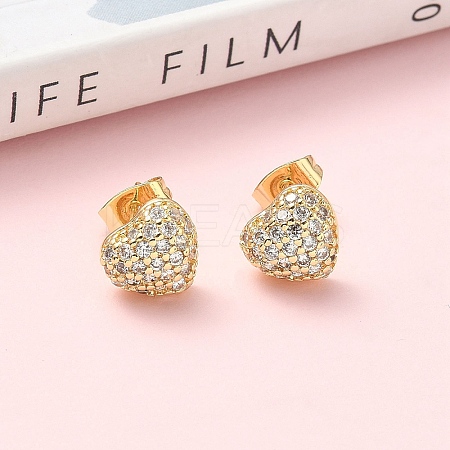 Heart Brass Micro Pave Clear Cubic Zirconia Stud Earrings EJEW-Z144-07G-1