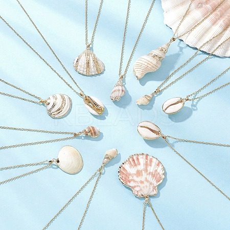 12Pcs 12 Styles Electroplated Natural Mixed Shell Pendant Necklaces NJEW-JN05212-1