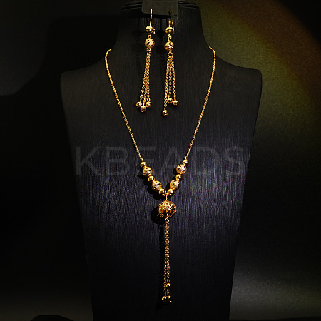 Alloy & Brass Round Beaded Tassel Pendant Necklaces & Hoop Earrings Sets FS-WGD59F5-02-1