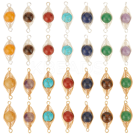 28Pcs 14 Styles Mixed Gemstone Copper Wire Wrapped Connector Charms FIND-HY0003-94-1
