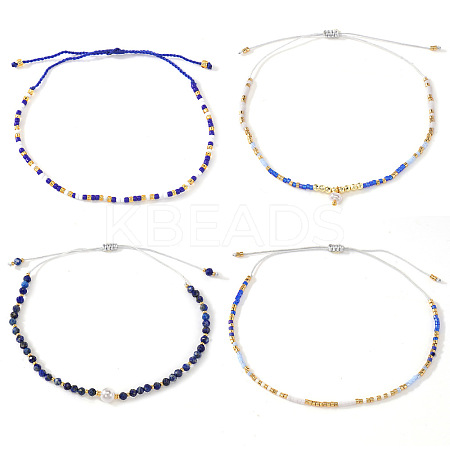 4Pcs Adjustable Glass Seed Bead & Natural Lapis Lazuli Braided Bead Bracelets for Women MX1312-1-1