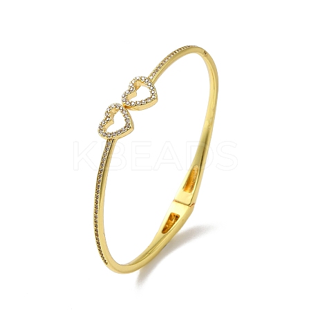 Rack Plating Brass Micro Pave Clear Cubic Zirconia Hollow Double Heart Hinged Bangles BJEW-H616-02G-1