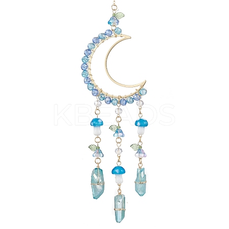 Glass Beads Wire Wrapped Brass Moon Pendant Decorations HJEW-TA00239-1