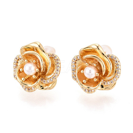 Brass Pave Clear Cubic Zirconia Flower Stud Earrings KK-T077-24G-1