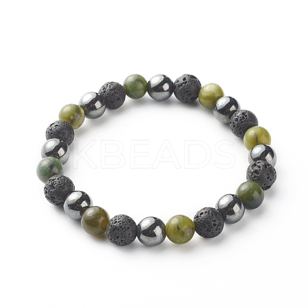 Natural Jade & Lava Rock & Synthetic Hematite Round Beaded Stretch Bracelet BJEW-JB06657-02-1