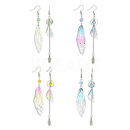 4 Set 4 Color Resin Wing with Feather Asymmetrical Earrings EJEW-TA00175-1