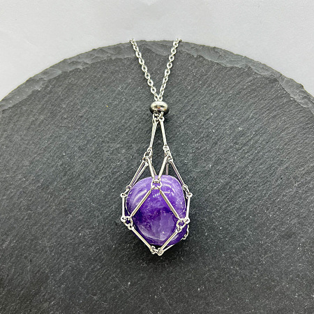 Natural Amethyst Nuggets Macrame Pouch Pendant 201 Stainless Steel Chain Necklaces FS-WG7A779-04-1