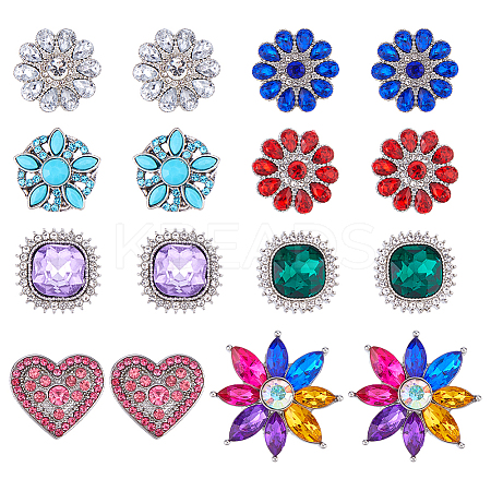 16Pcs 8 Styles Alloy Rhinestone Snap Buttons BUTT-FH0001-034-1