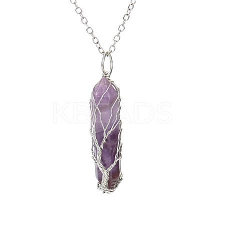 Natural Amethyst Double Terminal Pointed Faceted Bullet Copper Wire Wrapped Tree of Life Pendant Alloy Chain Necklaces FS-WG07FDC-01-1