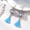 Lantern Glass Seed with Handmade Polyester Cotton Tassel Dangle Earrings EJEW-MZ00671-1