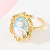 Brass Sky Blue Enamel Flower Cuff Rings RJEW-C139-18C-G-3
