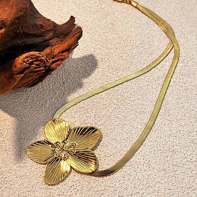 304 Stainless Steel Flower Pendant Necklaces for Women NJEW-D337-02G-1