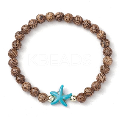 Summer Beach Starfish Dyed Synthetic Turquoise & 6mm Round Wenge Wood Beaded Stretch Bracelets for Women BJEW-JB10514-01-1
