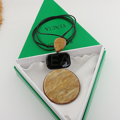 Flat Round Geometirc Resin Pendant Faux Suede Cord Long Necklaces FS-WG38481-01-1
