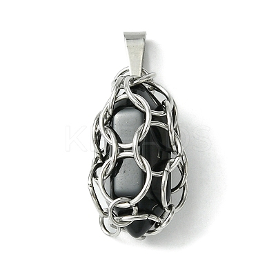 Natural Mixed Stone Stainless Steel Ring Wrapped Pointed Pendants PALLOY-JF02496-01-1