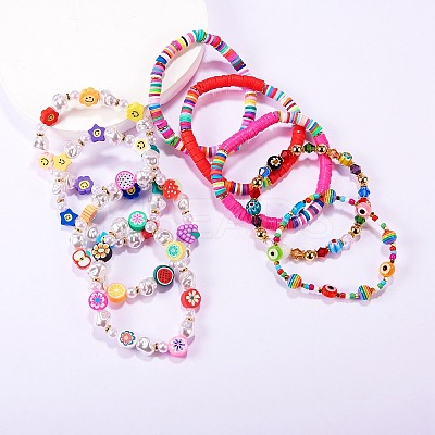 Flower Fruit Theme Beads Stretch Bracelets Set BJEW-SW00013-1