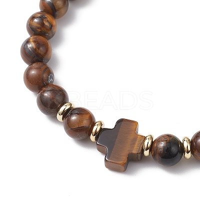 Natural Tiger Eye Cross Round Beaded Stretch Bracelets for Men Women BJEW-JB12258-01-1