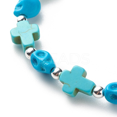Synthetic Turquoise(Dyed) Cross & Skull Beaded Stretch Bracelet BJEW-JB08451-04-1